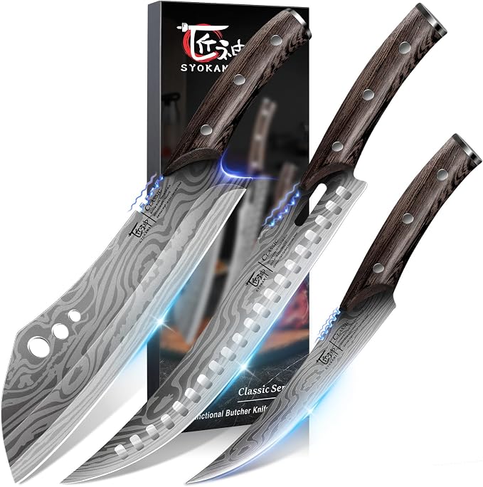 Butcher Knife Set, Cleaver, Breaking & Boning Knife for Meat & BBQ | Japanese Style High Carbon Steel Kitchen Knives Set for Brisket Slicing, Wenge Wood Full Tang Ergonomic Handle, Ideal Gift