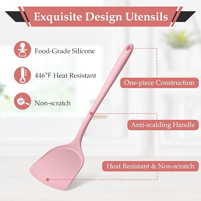 LIANYU Pink Silicone Cooking Utensils Set of 8, Non-Toxic Kitchen Utensils | Include Spatulas Spoons, Heat Resistant Non-Scratch Kitchen Tool, Healthy & Dishwasher Safe
