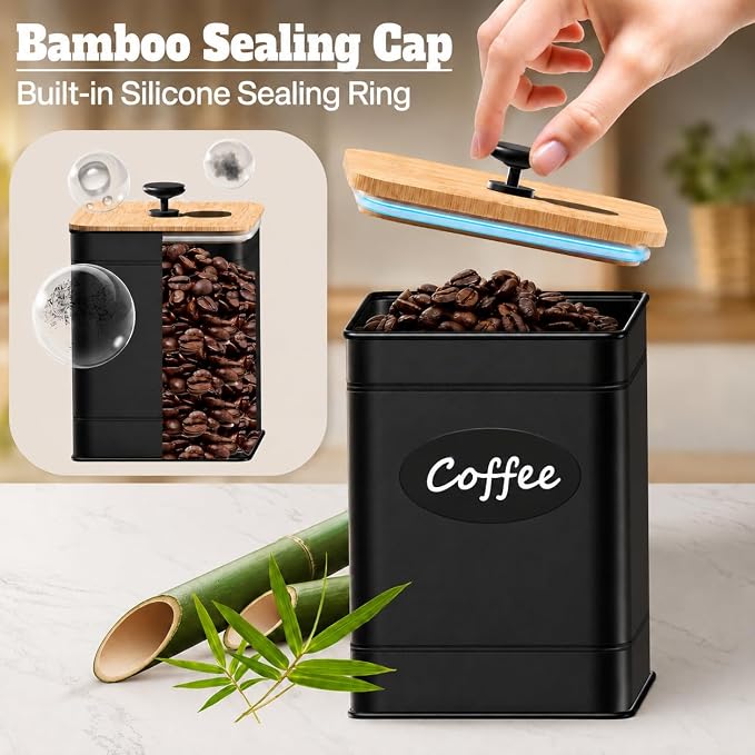 Kitchen Canister Set of 4, Black Airtight Metal Flour Sugar Containers | Flat Bamboo Lids, Reusable Labels & Marker, Wide Openings, Coffee Tea Containers, Kitchen Countertop and Pantry Organized