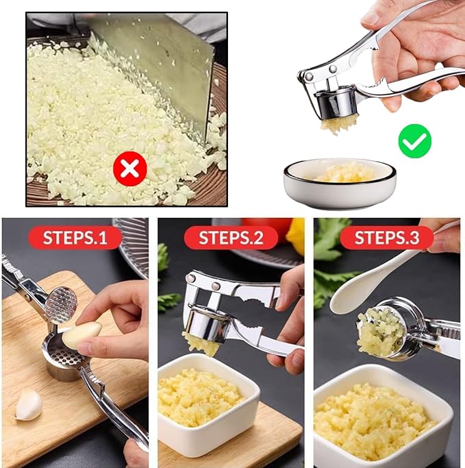 2 Pcs Garlic Press Multifunctional Stainless Steel Garlic Crusher for Kitchen Tool, Silver
