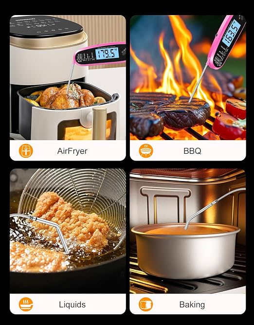 Instant Read Meat Thermometer Digital with Dual Probe | Large Backlit, Food Thermometer for Cooking, Grilling, Smoker, BBQ, Candy, Oil Fry, Pink Kitchen Accessories, Gift for Women