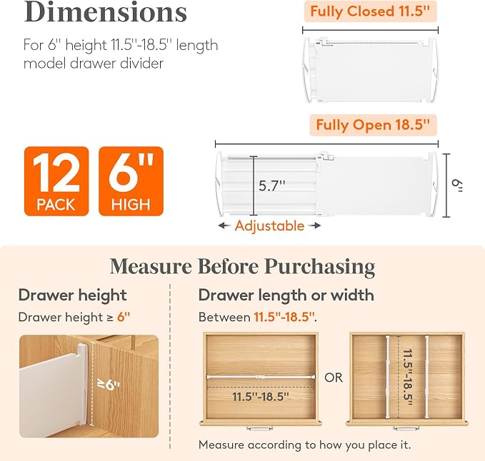 Lifewit 6" Tall Drawer Dividers, Adjustable Deep Drawer Organizer Clothes | 12 Pack 11.5"-18.5" Expandable White Plastic Separators for Dresser, Kitchen, Cabinet, Closet, Office Organization & Storage