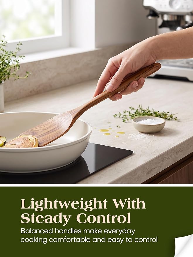 10Pcs Wooden Kitchen Utensils, Teak Wood Utensil Set for Kitchen, Heat-resistant Wooden Spoons for Cooking, Nonstick Wood Spatula Soup Ladle Tong Egg Whisk
