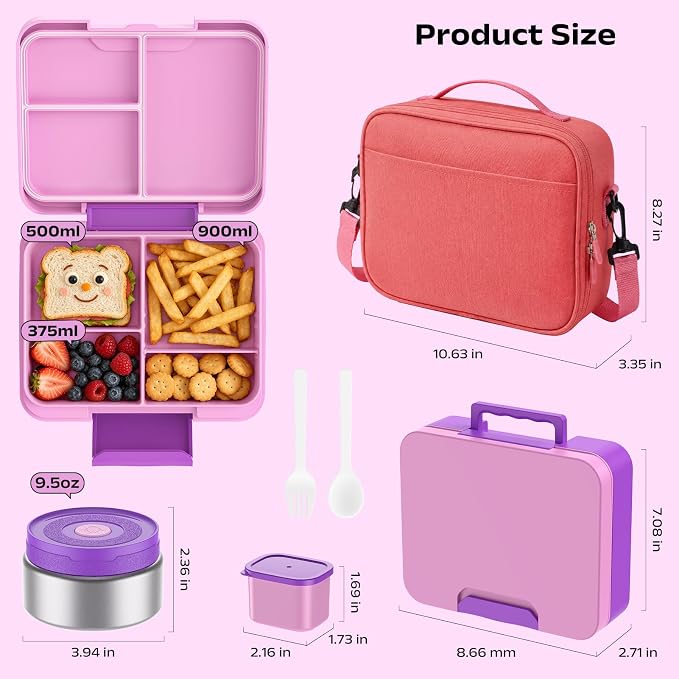 Bento Lunch Box Set for Kids with 8.5oz Hot Food Jar Leak-Proof Lunch Food Container with Insulated Lunch Bag for Toddlers Girls Boys Teens to School, Office, Picnic, Camping, Travel - Purple