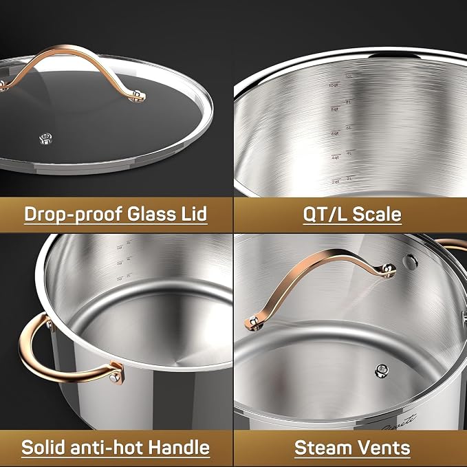 Ciwete Stock Pot 12 Quart, 18/10 Tri-Ply Stainless Steel Whole Clad Stock Pot with Lid, Seamless 12 QT Cooking Pot with Copper Handle, Healthy Stockpots, Induction, Gas, Oven and Dishwasher Safe