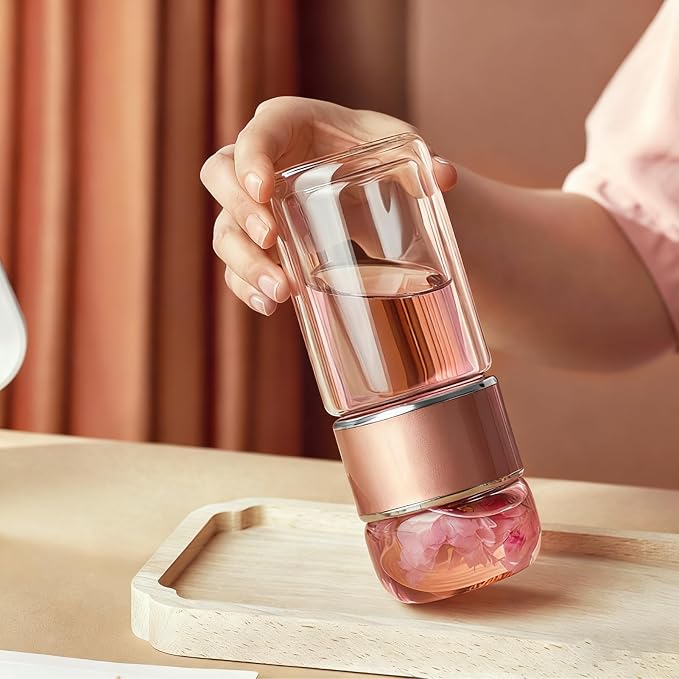 Yosoo Health Gear Tea Infuser Bottle 420ml Double Layer Stainless Steel Leak Proof Separating Bottle Reusable Glass Water Bottle for Office Travel Home Rose Gold