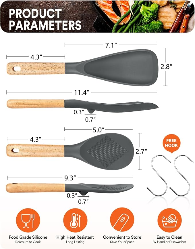 Cooking Spoon and Rice Scooper for Nonstick Cookware,Multi-function | Great for Cooking and Serving, Sturdy BPA-Free Matte Silicone, Wood Handle Spoon for Mixing, Scoop, and Scrape,9.3"+14.3"