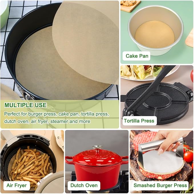 BYKITCHEN 6 Inch Parchment Paper Rounds, Set of 200, Hamburger Patty Paper/Burger Press Paper, Non Stick Small Pre-cut Round Parchment Paper for Cake Pan, Springform Pan, Burger Patty Maker and More