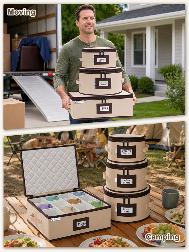 punemi 6-Piece Hard Shell China Storage Containers with Dividers, Stackable Dinnerware Storage Boxes for Plates, Mugs & Cup Organizer, Wine Glass Storage Boxes, Moving Boxes for Stemware, Beige