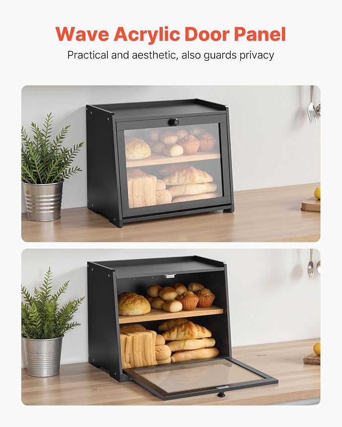 VEVOR Double Layer Bread Box for Kitchen Counter, Large Capacity Bamboo Bread Storage Container, Farmhouse Wooden Breadbox for Homemade Bread, Storage Holder Bin with Acrylic Wavy Door Panel, Black