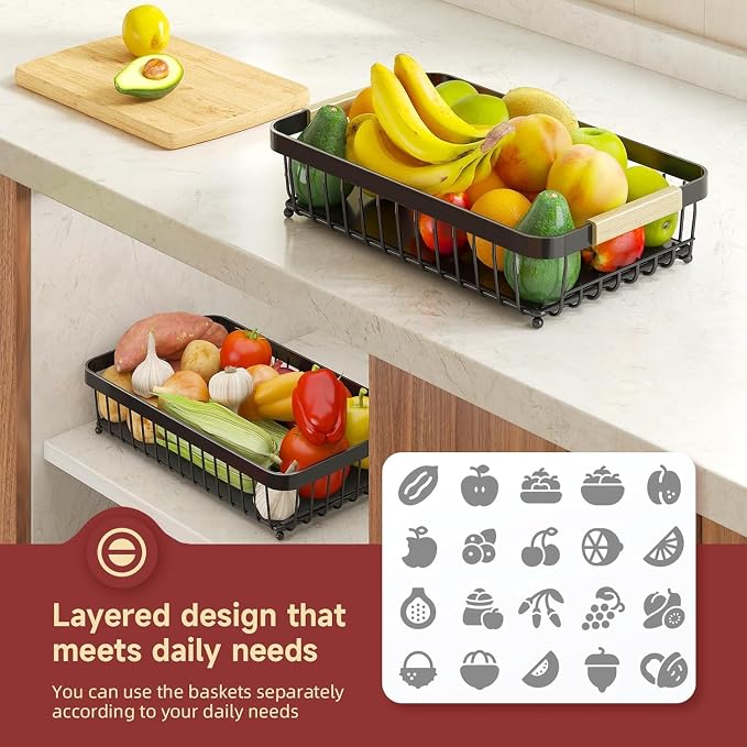2-Tier Fruit Basket with Banana Hangers, Detachable Metal Bowl | Wooden handle, protective mats included. Versatile holder for bread, snacks, and veggies. 2-Pack 2 tier metal design.