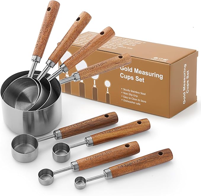 SHIKORI Measuring Cups and Spoons Set with Wood Handles 8-Pieces | Premium Stainless Steel Measuring Spoons and Measuring Cups Set,Engraved Marks Never Fade,for Baking,Cooking(Silver)