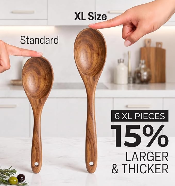 Zulay Kitchen Extra-Large 6-Piece Wooden Spoon Set - Smooth Teak Cooking Utensils - Comfort-Grip Non-Stick Turner, Spatula, Skimmer, Fork, Serving Spoon