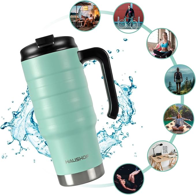 HAUSHOF 24 oz Travel Mug, Stainless Double Wall Vacuum Insulated Tumbler with Handle & Spill Proof Twist On Flip Lid and Wide Mouth, BPA Free