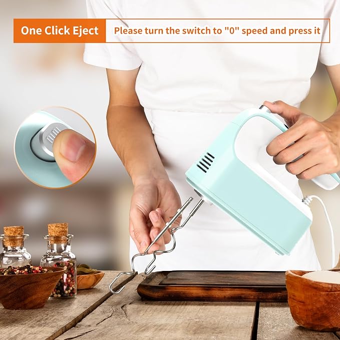 Yomelo 9-Speed Digital Hand Mixer Electric, 400W Powerful DC Motor, Hand Mixer Electric Handheld with Snap-On Storage Case, 5 Stainless Steel Accessories, Beaters, Dough Hooks, Whisk(Ice Blue/White)