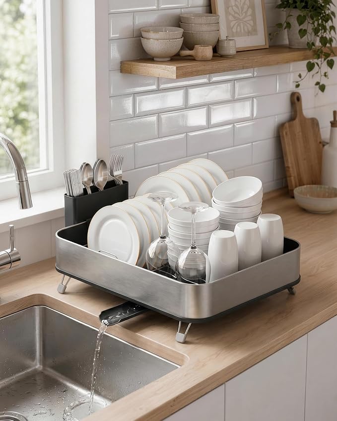 Kitsure Dish Drying Rack - Stainless Steel Dish Rack with Cutlery Holder, Rust-Resistant Wrapped Edges, Space-Saving Dish Racks for Kitchen Counter, 16.3" x 12.7" x 4.6", Black