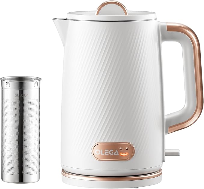OLEGA Electric Kettle: 1200W Fast Boil Tea Kettles with Tea Infuser 1.5L | Stainless Steel Kettle; Electric Water Kettle with Strainer; Plastic Free Teapot; Auto Shut-Off Water Boiler