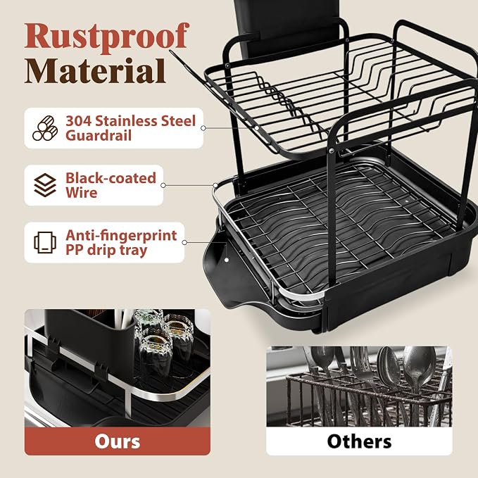 2 Tier Dish Drying Rack, Expandable Stainless Steel Dish Drainer for Kitchen Counter, Rustproof Auto Draining Drainboard, Raised Guardrail, Detachable Utensil Holder, Space Saving Kitchen Organizer