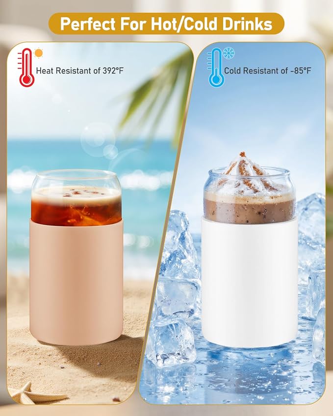 Glass Cups with Lids and Straws, 2 Pack 16OZ Iced Coffee Cups with Silicone Sleeve, Glass Tumbler with Straw and Bamboo Lid, Home Essential Drinking Set for Juice, Cocktail and Latte Khaki&Green