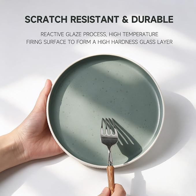 12PCS Ceramic Dinnerware Set for 4,Stoneware Plates and Bowls Sets | Reactive Glaze Dish Set,Scratch Resistant Tableware Set,Reactive Glaze,Microwave & Dishwasher Safe,White Cyan
