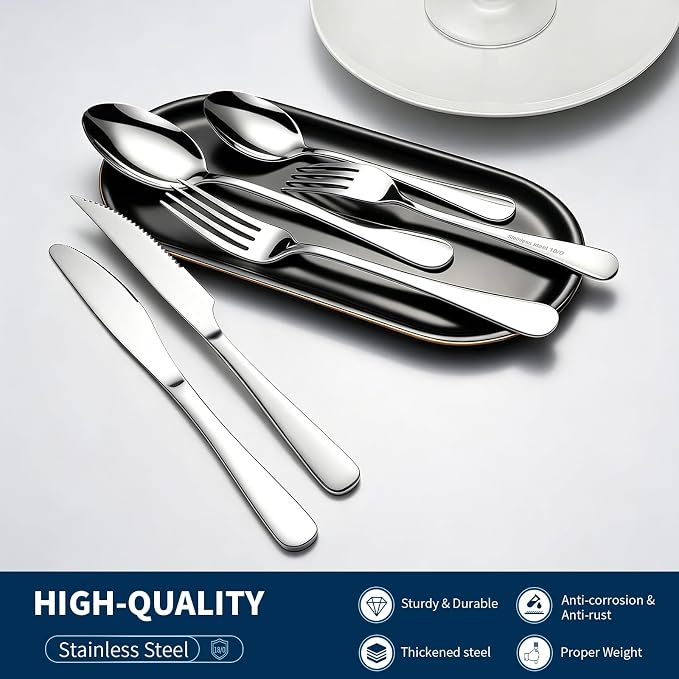 GPY 48-Piece Silverware Set with Steak Knives Nickel Free Cutlery Set for 8 | 18/0 Stainless Steel Forks Spoons and Knives Flatware Set with Mirror Polish, Dishwasher Safe for Home Kitchen & Restaurant