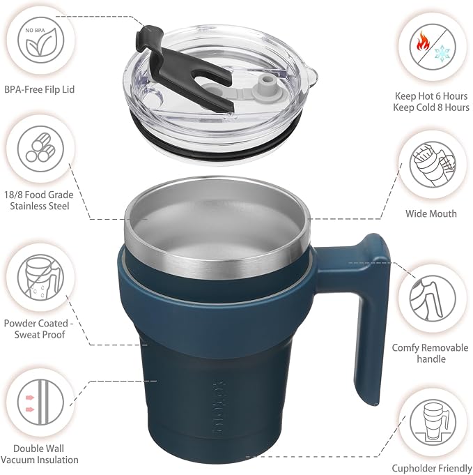 BJPKPK 10 oz Mini Tumbler with Lid, Straw & Handle, Insulated Steel Cup | Small, Spill Proof, Leak Proof, Thermal, Double Wall Vacuum, Sweatproof, Dishwasher Safe, BPA Free, Navy Blue