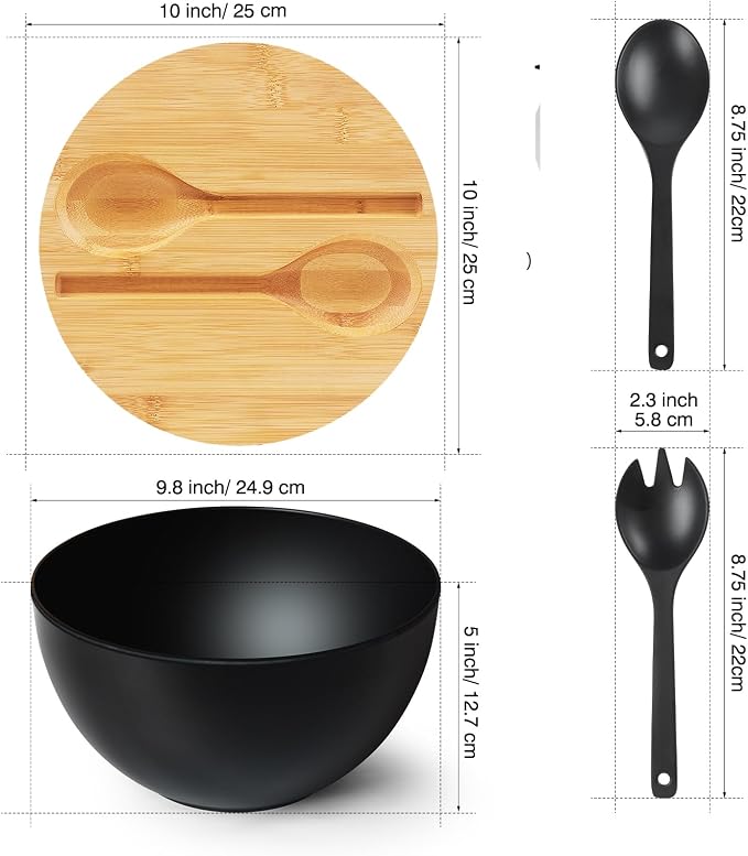 10" Large Salad Serving Bowl with Utensils in Lid, Bamboo Fiber Salad Bowl with Lid, Mixing Bowl with Servers set for Pasta,Fruit,Veggies,Popcorn to Replace Wooden Bowls - Matte Black