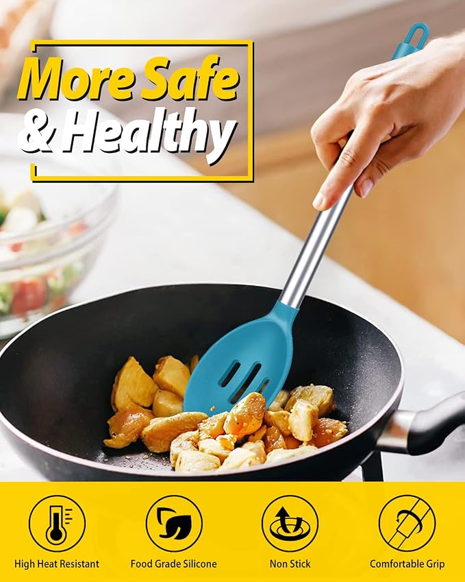 BUNDLEPRO Silicone Cooking Spoons for Non Stick Cookware, 2 Pack, Blue | Heat Resistant, Large Kitchen Spoons for Mixing, Serving, Draining, Stirring
