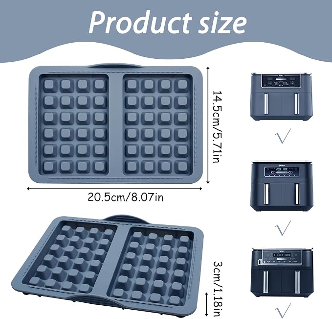 Silicone Waffle Mold for Air Fryer, 2-Pack, 20.5x14.5cm | Deep Pocket Cavities, Belgian-Style Waffles, Flexible & Easy Release, Oven Compatible, Nonstick Tray
