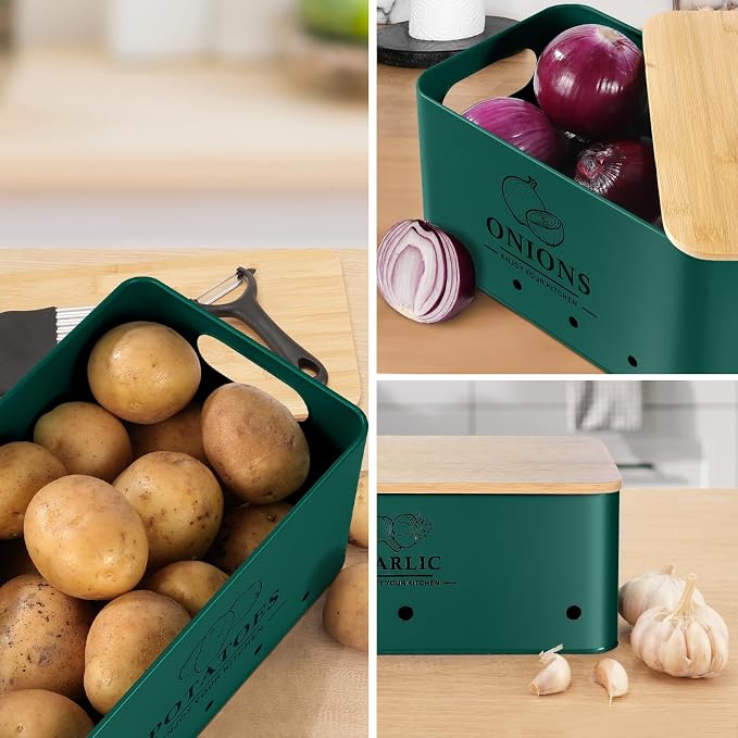 Kitchen Vegetable Storage Set of 3, Metal Onion Garlic Potato Storage Set, Kitchen Canisters Vegetable Keeper Containers with Aerating Holes and Bamboo Lid,Alpine Green