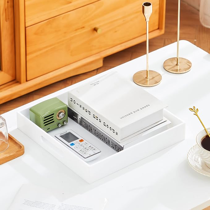 Glossy White Acrylic Serving Tray with Handles, 12x12x2H Inches - Spill Proof, Decorative Trays for Countertop, Ottoman Coffee Table, Nightstand, Breakfast, Tea, Food