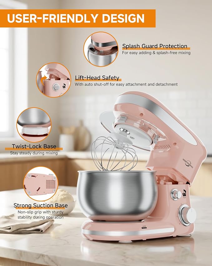 Stand Mixer 3.4QT Tilt-Head Pink Mixers 6+P Tilt-Head Speed | Portable Household Mixer for Daily Use with Egg Whisk,Dough Hook & Flat Beater,Perfect Dough Bread Mixer for Home Baking