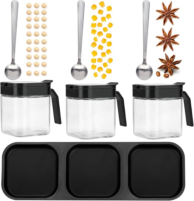 Mlici 3 Pack Condiment Jars, Spice Containers with Lids and Spoons, Black | 8.6oz Capacity, Clear Glass Seasoning Condiment Pots, Salt Sugar Bowl Container Set for Counter Organizer, Housewarming Gift