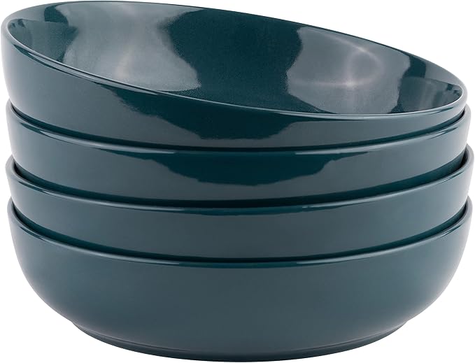KooK Pasta Bowl, Salad Bowls, Soup, Serving Bowls, Ceramic, Large Capacity, Microwave & Dishwasher Safe, Set of 4, 40 Oz,(Dark Teal)