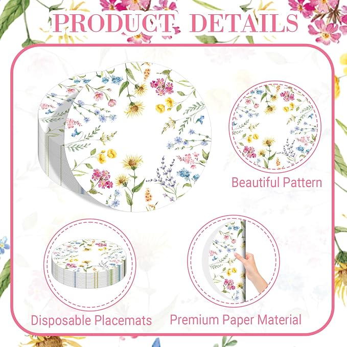 50 PCS Disposable Floral Paper Placemats Watercolor Wildflower Round Placemat Summer Table Mats for Wedding Anniversary Bride Party Supplies