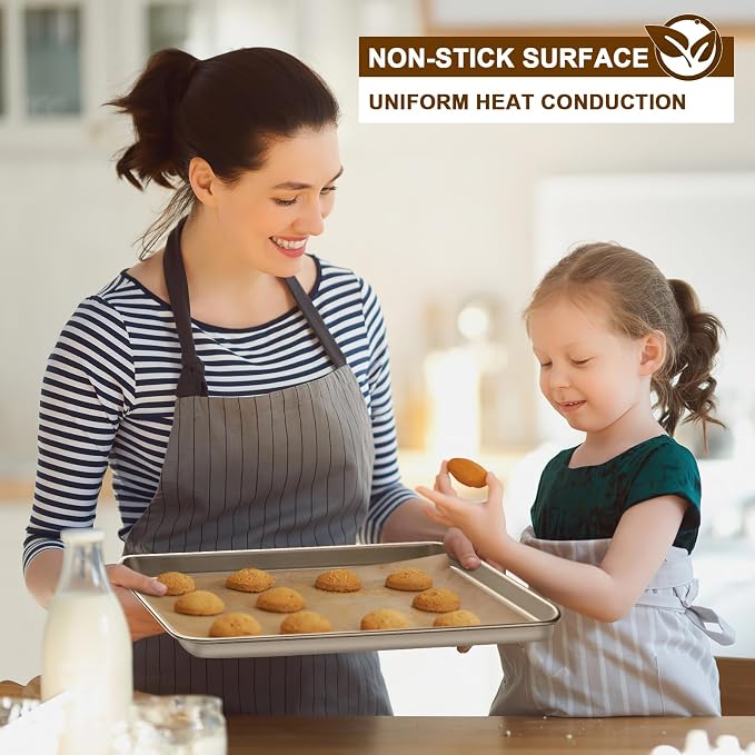 Wildone Baking Sheet Pan Set of 2, Nonstick Cookie Sheets for Baking | Thicker Carbon Steel Half Sheet Pan Oven Tray 17.5x12 Inch, Heavy Duty & Easy Clean, Champagne Gold