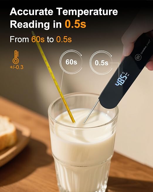 Charmline Meat Thermometer | 180° Auto-Rotating LED Display, 0.5-Second Read, Dual-battery Design, IP67 Waterproof and Dustproof
