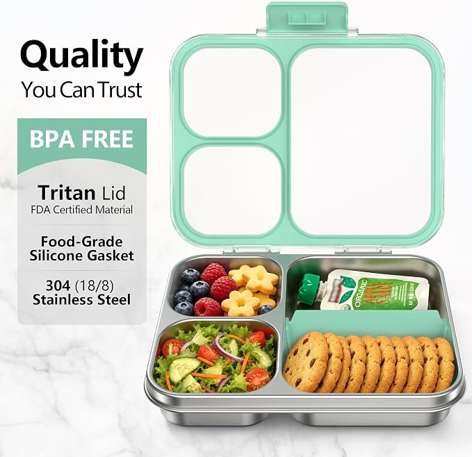 HOMEKOL Stainless Steel Bento Lunch Box 3-Compartment, 4.2Cups, Green | Leak-Proof Metal Lunch Container for Kids & Adults, BPA-Free, Dishwasher Safe, Clear Tritan Lid, 1000ml (Not Insulated)