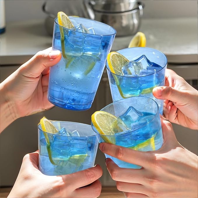 DaYammi 100 Pack Clear Blue Plastic Cups 10 Oz - Heavy Duty Blue Disposable Cups,blue Party cups Disposable Tumblers for Wedding,Birthday,Cocktails & Celebrations Reusable Drinking Glasses