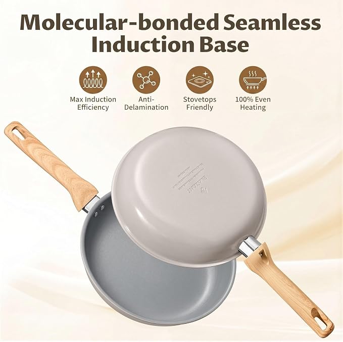 BLAZANT Non Stick Frying Pan Set with Lids, 5 Pcs Ceramic Nonstick Skillets | Non Toxic Pans PFAS-Free, Molecular-Bonded Seamless Induction Base, 30% Faster Heating, Works on All Stoves, 8", 9.5", 11"