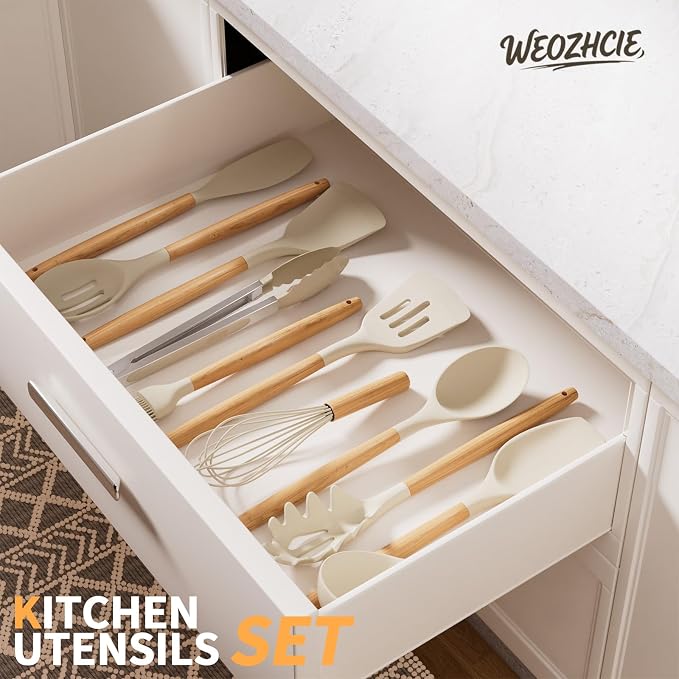 Silicone Cooking Utensil Set,12 PCS Cooking Cookware Kitchen Utensils Set for Cooking, Nonstick 446°F Heat-Resistant Cookware Kitchen Tools of Spoon,Brush,Whisk,Spatula,Turner Tongs (Khaki)