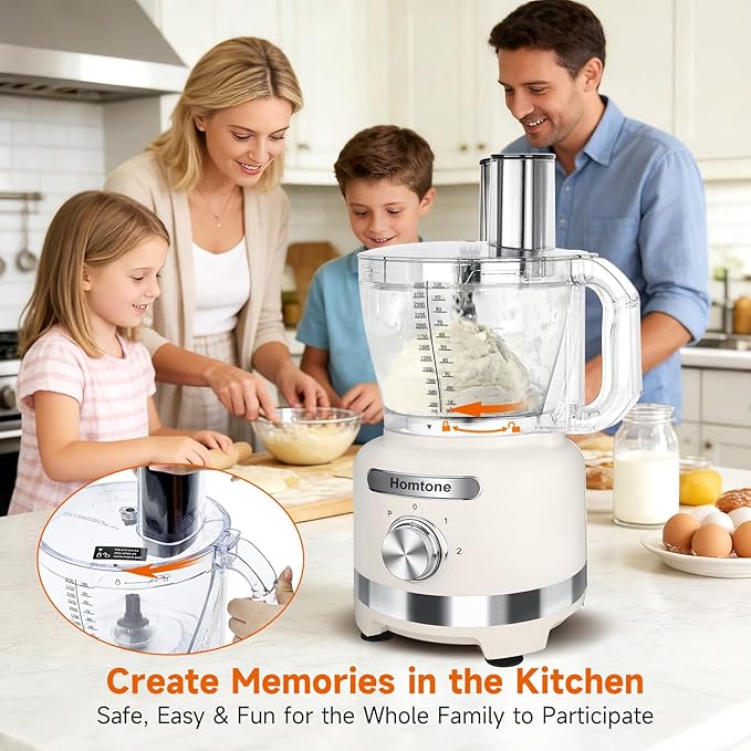 Homtone 16-Cup Food Processor, Large 9-IN-1 Food Veggie Chopper for Home Meal Prep, 7 Blades for Shredding, Slicing, Chopping, Kneading, Emulsifying, Dishwasher Safe, 600W (White, 16 cup)