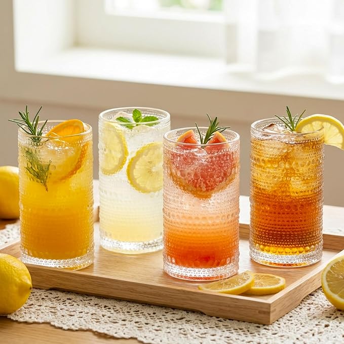 Moretoes Large 15oz Hobnail Drinking Glasses Set of 6 | Glass Cups, Kitchen Drinkware Glassware,Embossed Water Tumbler for Beer,Cocktail,Whiskey,Juice and Various Mixed Drinks