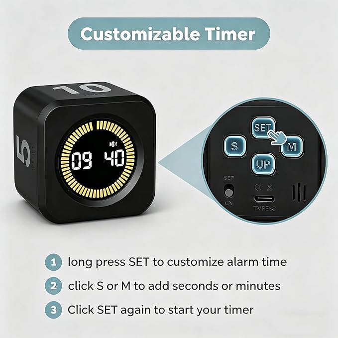 KADAMS Pomodoro Cube Timer Productivity Visual Timer - 5/10/25/50 Min Rotating Countdown (2 Pack Black & White)