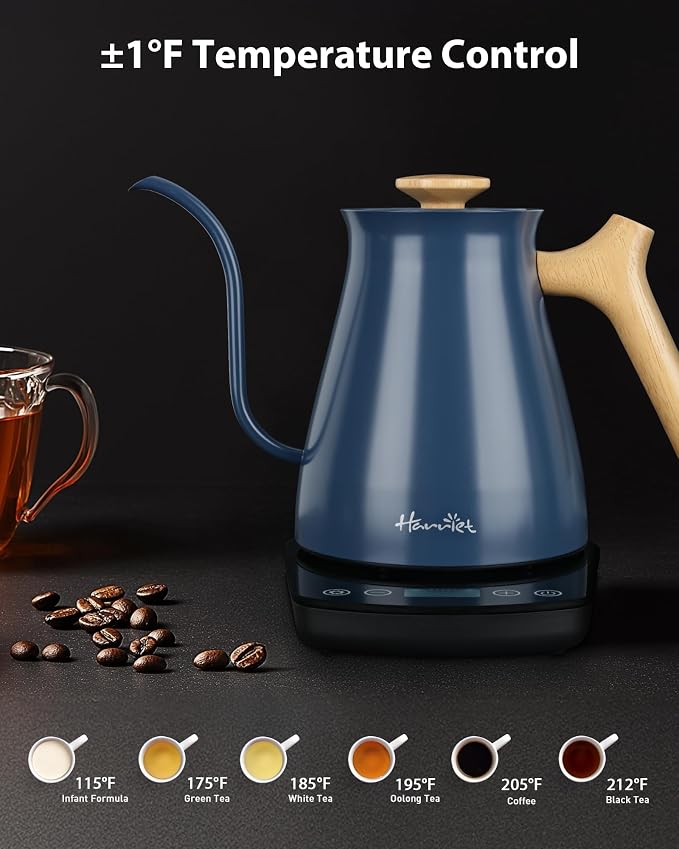 Harriet Gooseneck Electric Kettle, 0.8L, 1°F Control, Brew Timer | 120-Min Keep Warm, 104–203°F Control, Built-In Brew Timer, SUS304 Stainless Steel, Wood-Accent Handle for Pour-Over Coffee