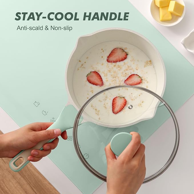 SENSARTE Ceramic Nonstick Saucepan with Double Pouring Spout, 3QT, Green | Cooking Pot with Stay Cool Handle, Induction Compatible, Ceramic Coating, PFOA/PFAS/PTFE Free