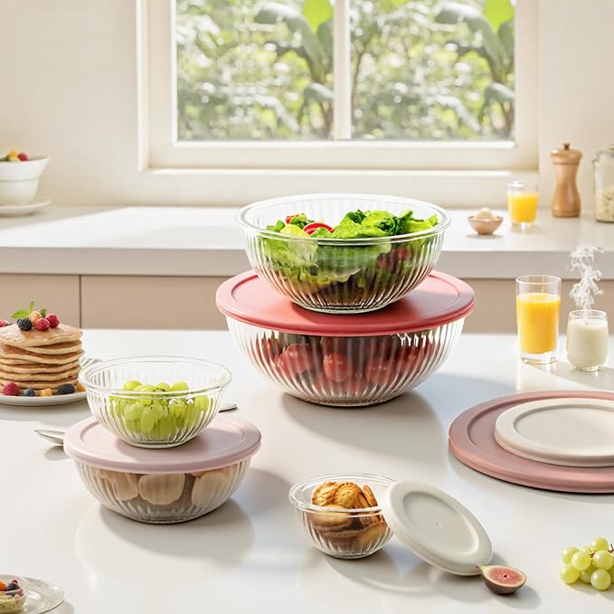 Glass Mixing Bowls with Lids Sets, 5 PCS Glass Bowls for Kitchen service | For Baking, Meal Prepping and Salad, Bpa Free, Microwave, Dishwasher and Oven Safe Serving Bowls, 0.2/0.5/1.1/2.1/3.7Qt