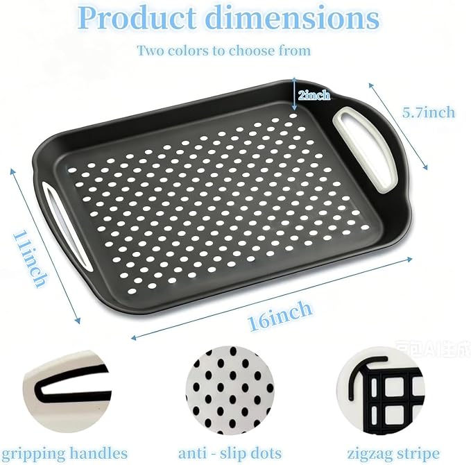 2 Pack Anti-Slip Serving Tray with Handles, 16" x 12", (Grey & White) | with Non Slip Food Tray with Surface Grippy Dots, Lap Tray for Eating on Couch, Breakfast Dinner Snack Fruit Tray