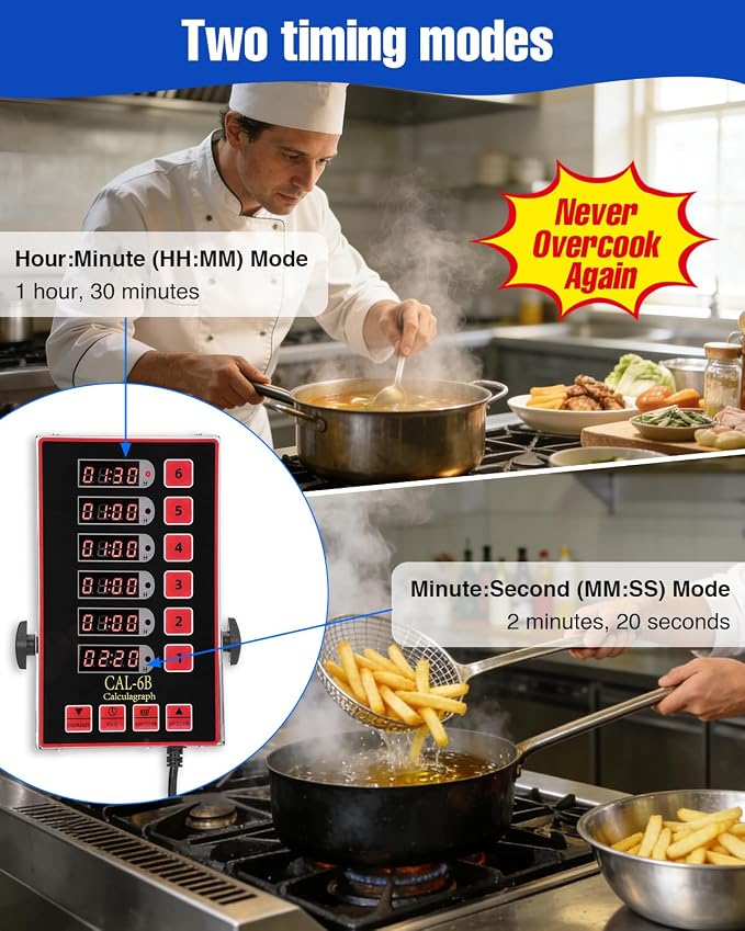 Commercial Kitchen Timer for Cooking, 6 Channel Timer Restaurant Kitchen Supplies, Heavy-Duty Timer - Stainless Steel | Digital LED Technology | Reminder Function | Loud Alarm