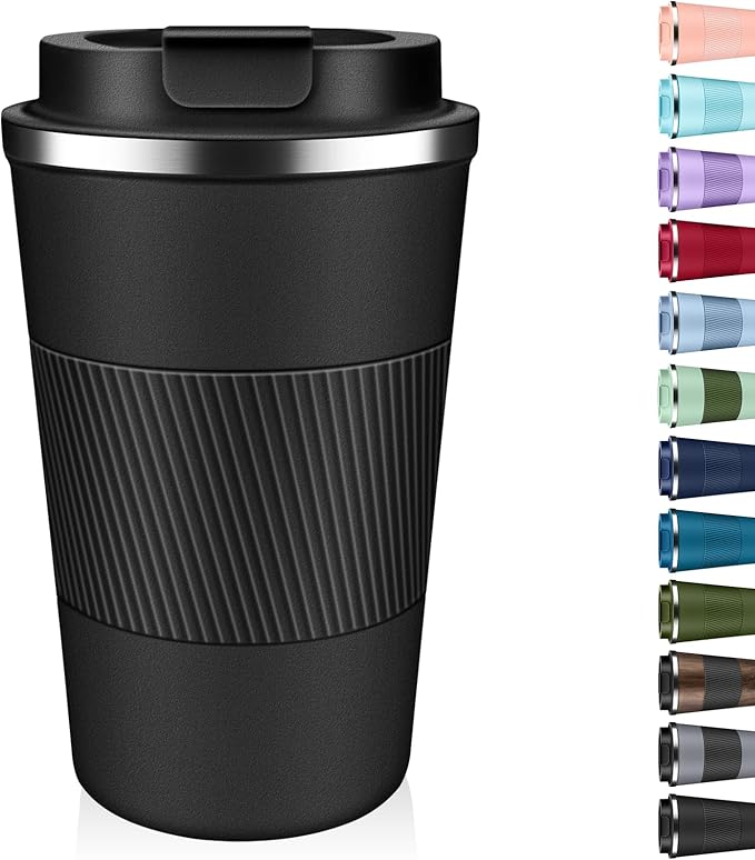 Insulated Coffee Tumbler 17 oz, Stainless Steel Coffee Mug with Lids, Travel Coffee Mug Leak Proof, Double Wall Vacuum Insulated Reusable Coffee Cup, Keep Drinks Hot and Cold (Black, 17 Ounces)